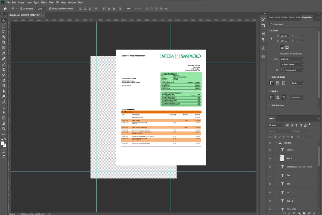 Modèle Word et PDF de relevé de compte d'entreprise Intesa Sanpaolo Bank template